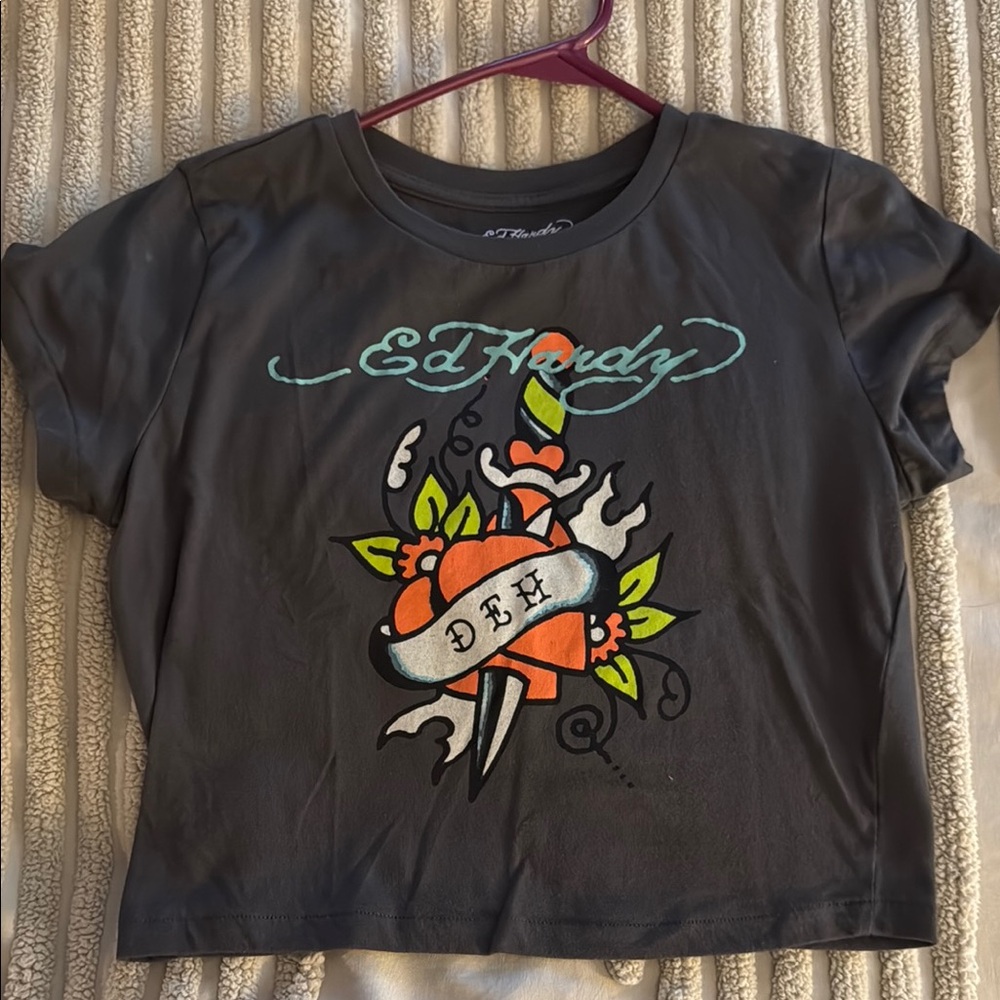Ed Hardy Tee - Gray with Colorful Graphic